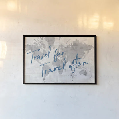 World Map Collage Travel by Sue Schlabach. shown as a paper print in a black flame. Available as a archival giclee rolled canvas, fine art paper, or poster print. SKU 75341i.