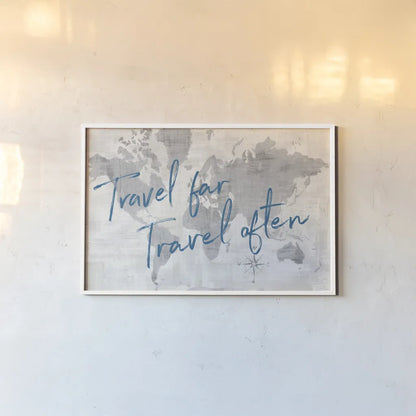 World Map Collage Travel by Sue Schlabach. shown as a paper print in a white frame. Available as a archival giclee rolled canvas, fine art paper, or poster print. SKU 75341i.