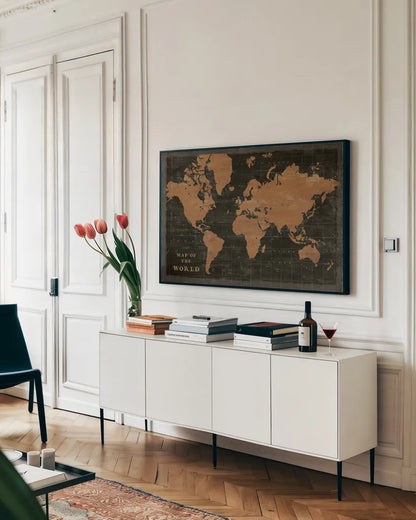 World Map Industrial by Sue Schlabach. shown as a framed stretched canvas in a living room above a console. Available as a archival giclee rolled canvas, fine art paper, or poster print. SKU 69082i.