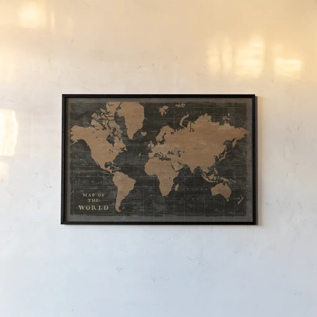 World Map Industrial by Sue Schlabach. shown as a paper print in a black flame. Available as a archival giclee rolled canvas, fine art paper, or poster print. SKU 69082i.