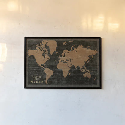 World Map Industrial by Sue Schlabach. shown as a paper print in a black flame. Available as a archival giclee rolled canvas, fine art paper, or poster print. SKU 69082i.