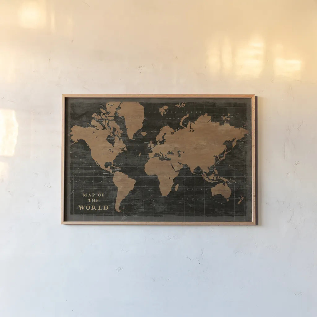 World Map Industrial by Sue Schlabach. shown as a paper print in a natural frame. Available as a archival giclee rolled canvas, fine art paper, or poster print. SKU 69082i.