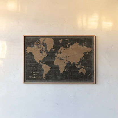 World Map Industrial by Sue Schlabach. shown as a paper print in a natural frame. Available as a archival giclee rolled canvas, fine art paper, or poster print. SKU 69082i.