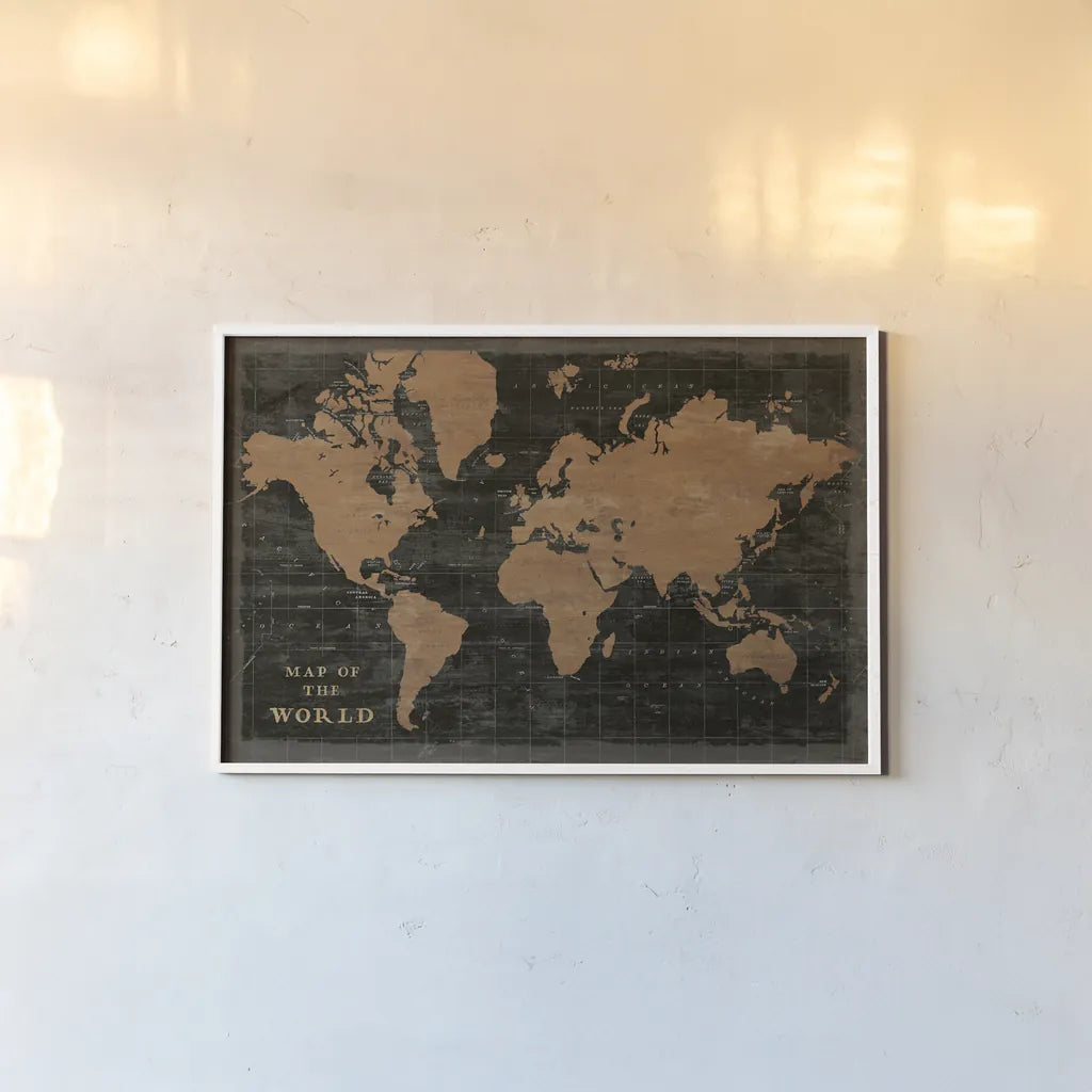 World Map Industrial by Sue Schlabach. shown as a paper print in a white frame. Available as a archival giclee rolled canvas, fine art paper, or poster print. SKU 69082i.