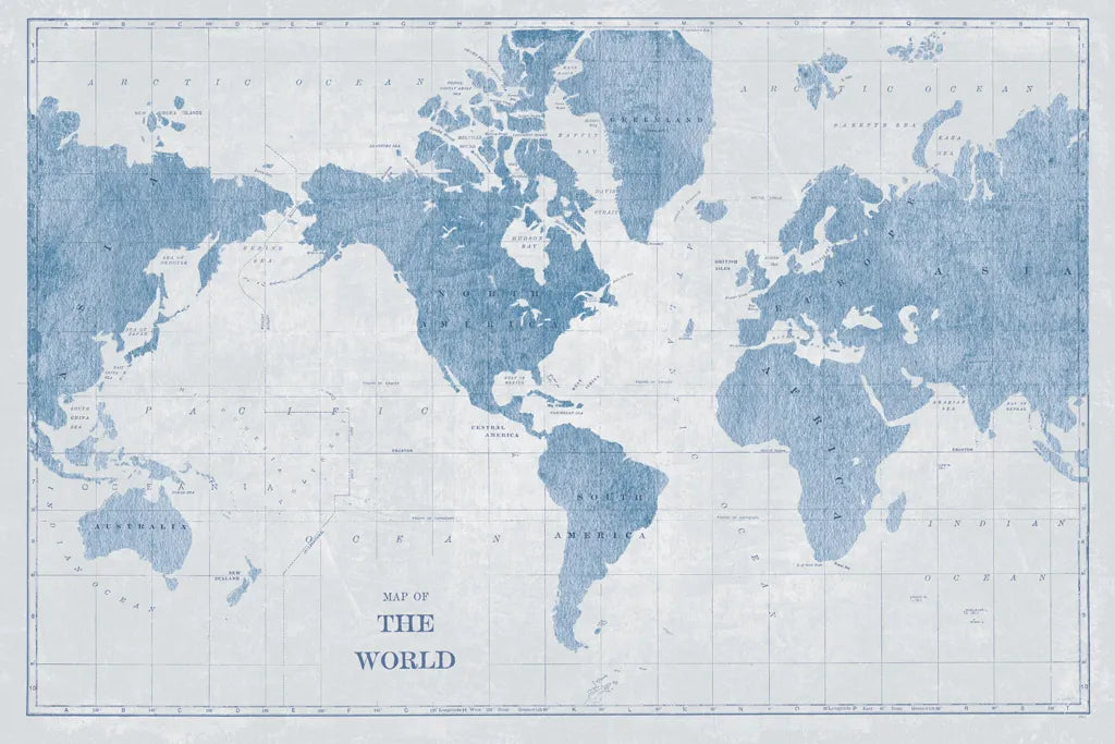 World Map White and Blue by Sue Schlabach. SKU 48172i. Archival Giclee Fine art print for wall decor.