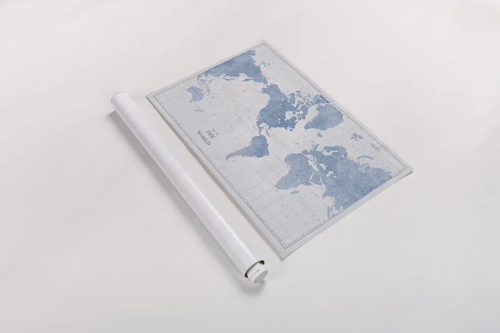 World Map White and Blue by Sue Schlabach. shown as a rolled paper print. Available as archival giclee rolled canvas, fine art paper, or poster print. SKU 48172i.
