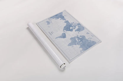 World Map White and Blue by Sue Schlabach. shown as a rolled paper print. Available as archival giclee rolled canvas, fine art paper, or poster print. SKU 48172i.