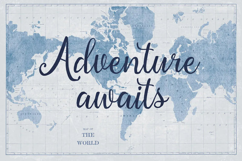 World Map White and Blue Adventure by Sue Schlabach. SKU 51898i. Archival Giclee Fine art print for wall decor.