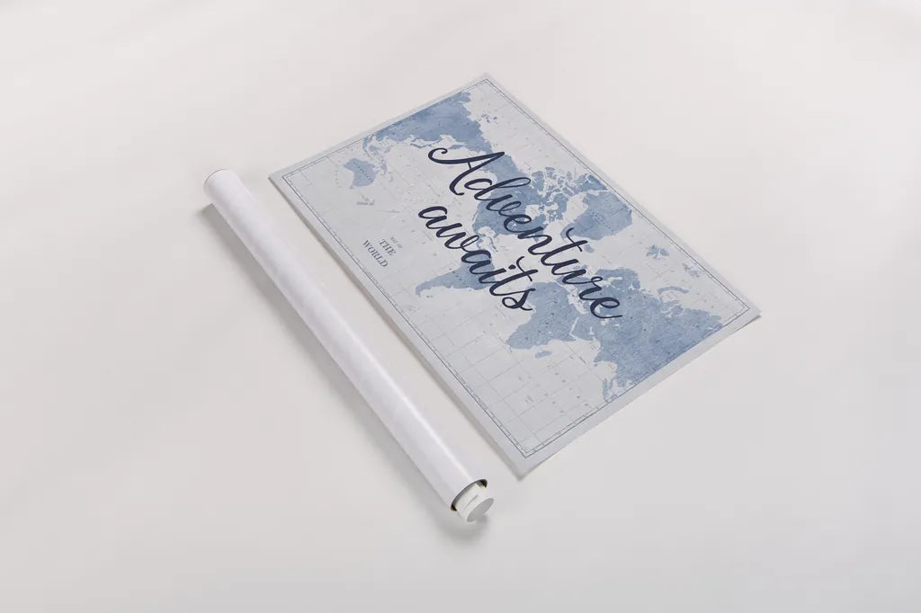 World Map White and Blue Adventure by Sue Schlabach. shown as a rolled paper print. Available as archival giclee rolled canvas, fine art paper, or poster print. SKU 51898i.