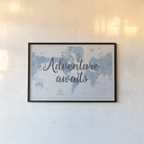 World Map White and Blue Adventure by Sue Schlabach. shown as a paper print in a black flame. Available as a archival giclee rolled canvas, fine art paper, or poster print. SKU 51898i.