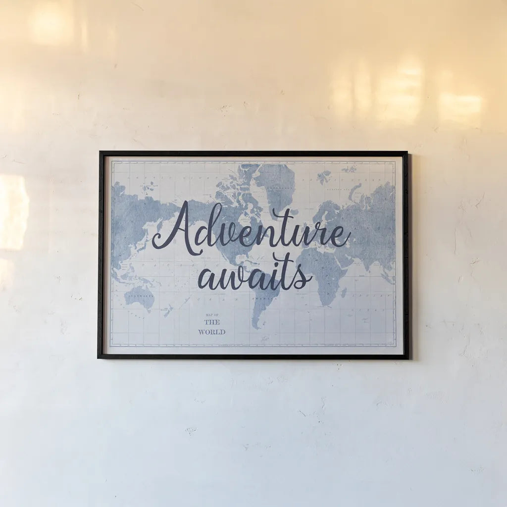 World Map White and Blue Adventure by Sue Schlabach. shown as a paper print in a black flame. Available as a archival giclee rolled canvas, fine art paper, or poster print. SKU 51898i.