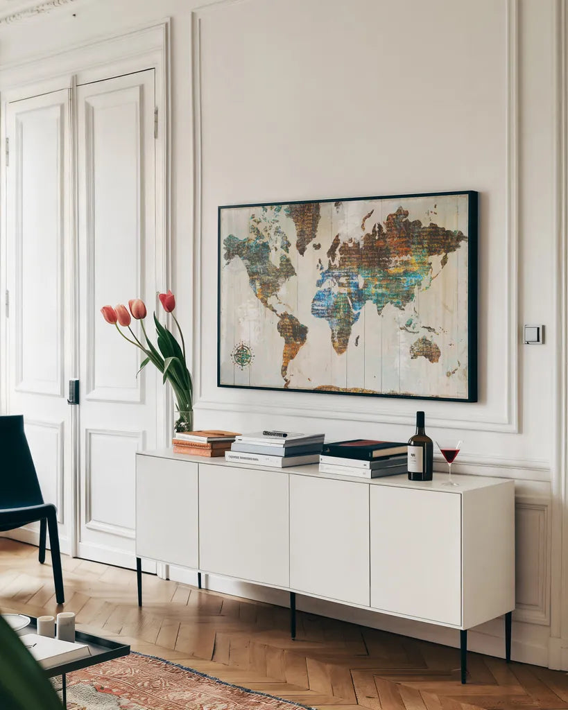 World of Wonders by Sue Schlabach. shown as a framed stretched canvas in a living room above a console. Available as a archival giclee rolled canvas, fine art paper, or poster print. SKU 36513i.