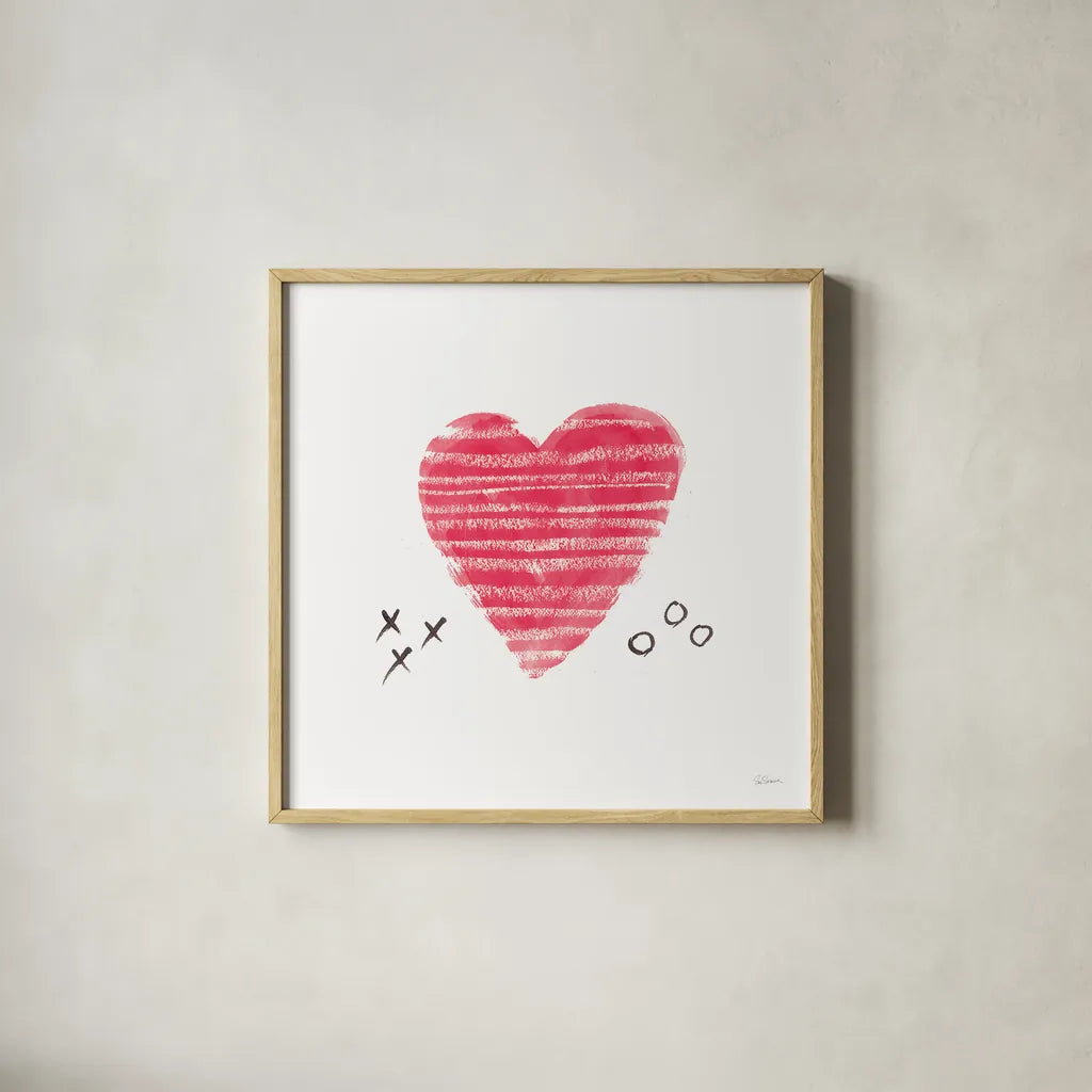 Xs and Os by Sue Schlabach. Shown in a natural wood glass frame for a timeless modern aesthetic. Available as an archival giclee rolled canvas, fine art paper, or poster print. SKU 49994a.