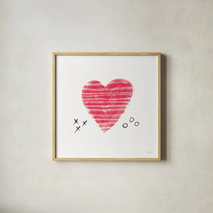 Xs and Os by Sue Schlabach. Shown in a natural wood glass frame for a timeless modern aesthetic. Available as an archival giclee rolled canvas, fine art paper, or poster print. SKU 49994a.