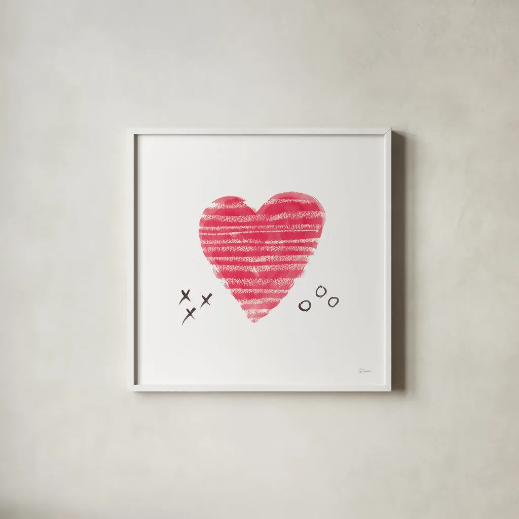 Xs and Os by Sue Schlabach. Shown in a crisp white glass frame for a clean and minimalist style. Available as an archival giclee rolled canvas, fine art paper, or poster print. SKU 49994a.