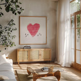 Xs and Os by Sue Schlabach. Shown in a natural wood frame in a cozy modern living room. Available as an archival giclee rolled canvas, fine art paper, or poster print. SKU 49994a.