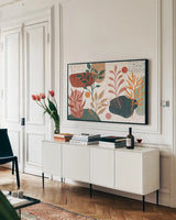 Abstract Blossom I by Veronique Charron. shown as a framed stretched canvas in a living room above a console. Available as a archival giclee rolled canvas, fine art paper, or poster print. SKU 70896i.