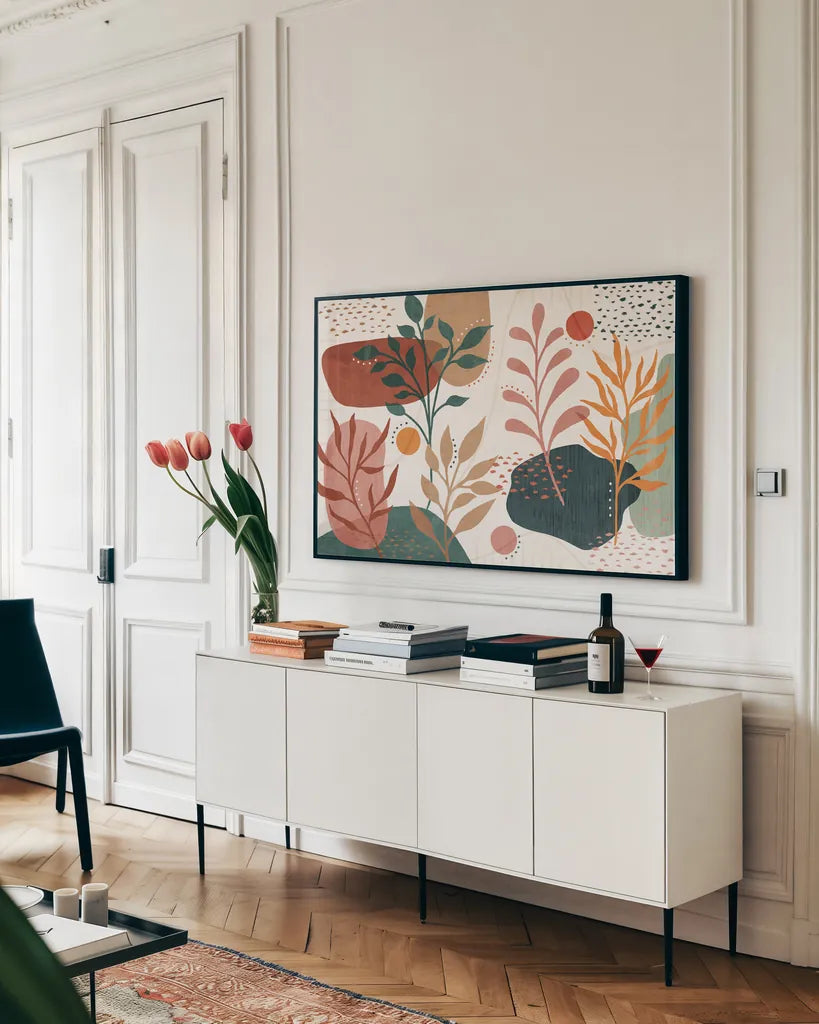 Abstract Blossom I by Veronique Charron. shown as a framed stretched canvas in a living room above a console. Available as a archival giclee rolled canvas, fine art paper, or poster print. SKU 70896i.