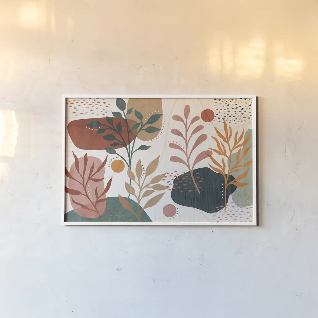 Abstract Blossom I by Veronique Charron. shown as a paper print in a white frame. Available as a archival giclee rolled canvas, fine art paper, or poster print. SKU 70896i.