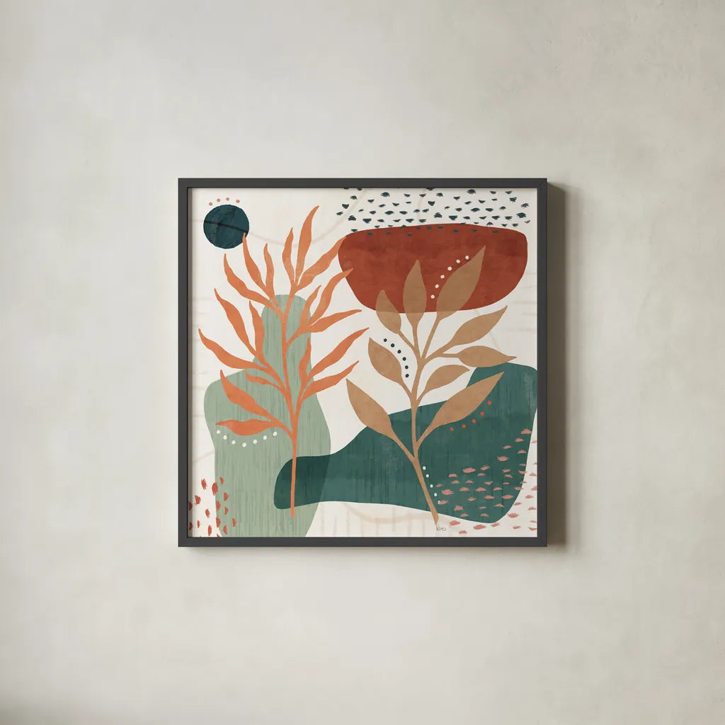 Abstract Blossom II by Veronique Charron. Shown in a sleek black glass frame for a contemporary gallery look. Available as an archival giclee rolled canvas, fine art paper, or poster print. SKU 70897a.