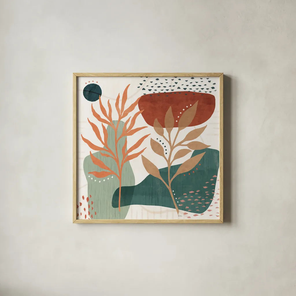 Abstract Blossom II by Veronique Charron. Shown in a natural wood glass frame for a timeless modern aesthetic. Available as an archival giclee rolled canvas, fine art paper, or poster print. SKU 70897a.