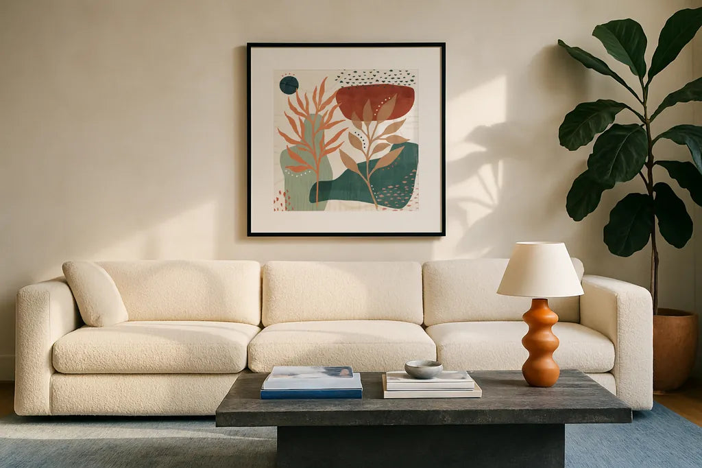 Abstract Blossom II by Veronique Charron. Displayed in a glass frame with matte in a clean modern living room. Available as an archival giclee rolled canvas, fine art paper, or poster print. SKU 70897a.