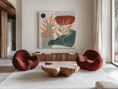 Abstract Blossom II by Veronique Charron. Shown as extra-large giant wall art in a modern living room. Available as an archival giclee rolled canvas, fine art paper, or poster print. SKU 70897a.