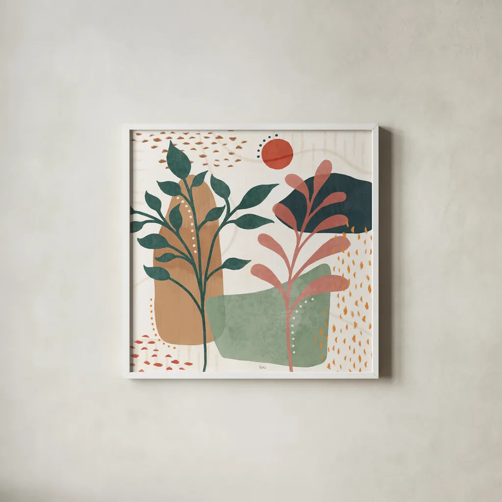 Abstract Blossom III by Veronique Charron. Shown in a crisp white glass frame for a clean and minimalist style. Available as an archival giclee rolled canvas, fine art paper, or poster print. SKU 70898a.