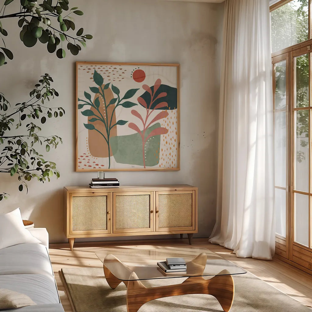 Abstract Blossom III by Veronique Charron. Shown in a natural wood frame in a cozy modern living room. Available as an archival giclee rolled canvas, fine art paper, or poster print. SKU 70898a.