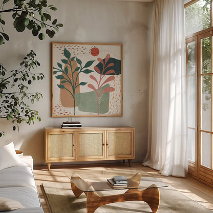 Abstract Blossom III by Veronique Charron. Shown in a natural wood frame in a cozy modern living room. Available as an archival giclee rolled canvas, fine art paper, or poster print. SKU 70898a.