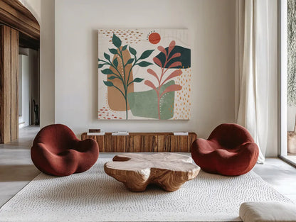 Abstract Blossom III by Veronique Charron. Shown as extra-large giant wall art in a modern living room. Available as an archival giclee rolled canvas, fine art paper, or poster print. SKU 70898a.