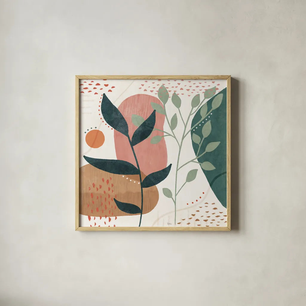 Abstract Blossom IV by Veronique Charron. Shown in a natural wood glass frame for a timeless modern aesthetic. Available as an archival giclee rolled canvas, fine art paper, or poster print. SKU 70899a.