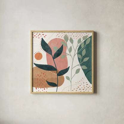 Abstract Blossom IV by Veronique Charron. Shown in a natural wood glass frame for a timeless modern aesthetic. Available as an archival giclee rolled canvas, fine art paper, or poster print. SKU 70899a.