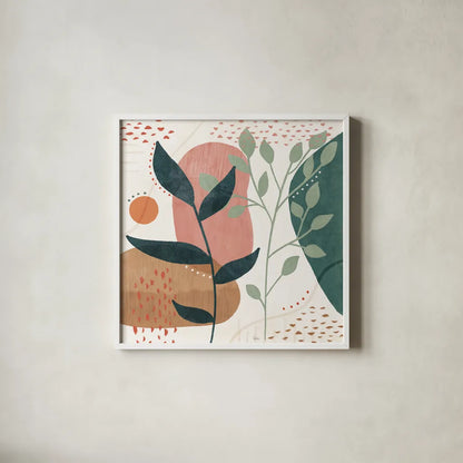 Abstract Blossom IV by Veronique Charron. Shown in a crisp white glass frame for a clean and minimalist style. Available as an archival giclee rolled canvas, fine art paper, or poster print. SKU 70899a.