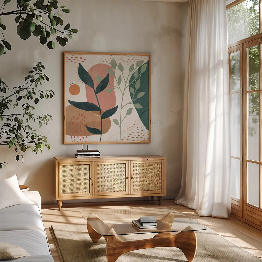 Abstract Blossom IV by Veronique Charron. Shown in a natural wood frame in a cozy modern living room. Available as an archival giclee rolled canvas, fine art paper, or poster print. SKU 70899a.