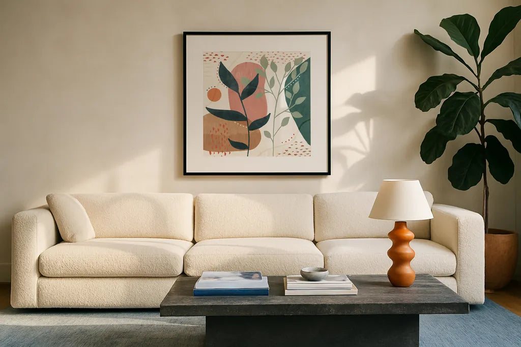 Abstract Blossom IV by Veronique Charron. Displayed in a glass frame with matte in a clean modern living room. Available as an archival giclee rolled canvas, fine art paper, or poster print. SKU 70899a.