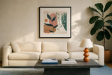 Abstract Blossom IV by Veronique Charron. Displayed in a glass frame with matte in a clean modern living room. Available as an archival giclee rolled canvas, fine art paper, or poster print. SKU 70899a.