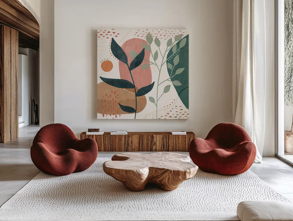 Abstract Blossom IV by Veronique Charron. Shown as extra-large giant wall art in a modern living room. Available as an archival giclee rolled canvas, fine art paper, or poster print. SKU 70899a.