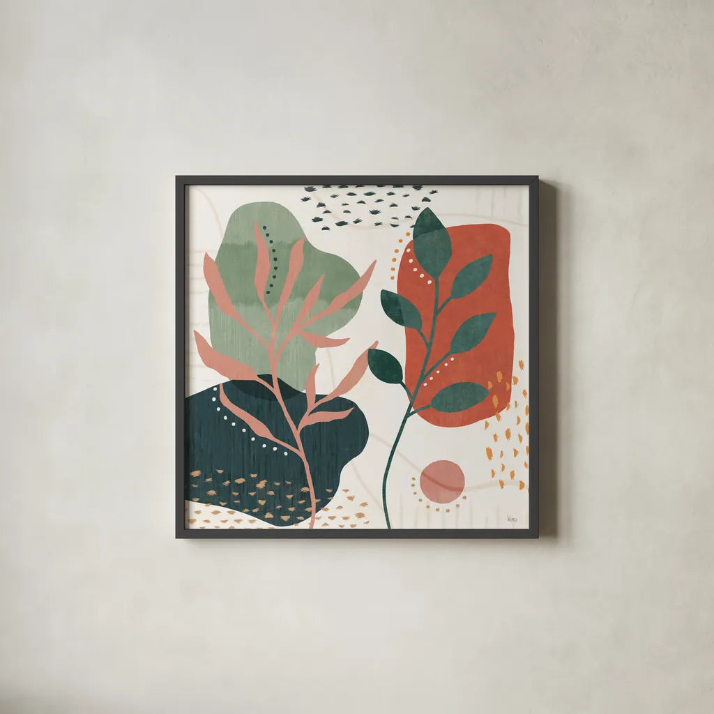 Abstract Blossom V by Veronique Charron. Shown in a sleek black glass frame for a contemporary gallery look. Available as an archival giclee rolled canvas, fine art paper, or poster print. SKU 70900a.