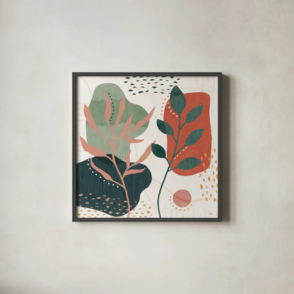 Abstract Blossom V by Veronique Charron. Shown in a sleek black glass frame for a contemporary gallery look. Available as an archival giclee rolled canvas, fine art paper, or poster print. SKU 70900a.