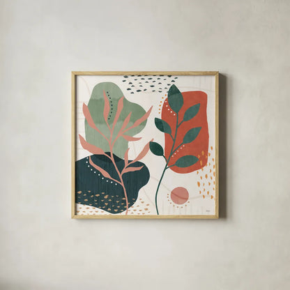 Abstract Blossom V by Veronique Charron. Shown in a natural wood glass frame for a timeless modern aesthetic. Available as an archival giclee rolled canvas, fine art paper, or poster print. SKU 70900a.