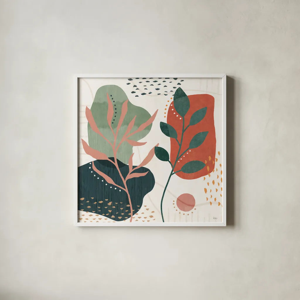 Abstract Blossom V by Veronique Charron. Shown in a crisp white glass frame for a clean and minimalist style. Available as an archival giclee rolled canvas, fine art paper, or poster print. SKU 70900a.