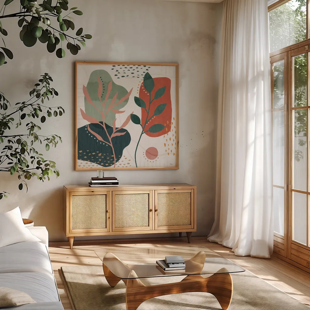 Abstract Blossom V by Veronique Charron. Shown in a natural wood frame in a cozy modern living room. Available as an archival giclee rolled canvas, fine art paper, or poster print. SKU 70900a.