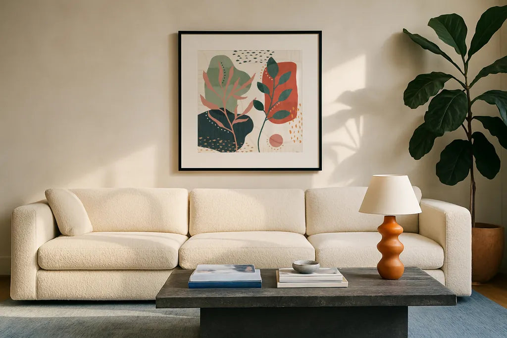 Abstract Blossom V by Veronique Charron. Displayed in a glass frame with matte in a clean modern living room. Available as an archival giclee rolled canvas, fine art paper, or poster print. SKU 70900a.