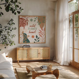 Abstract Blossom VI by Veronique Charron. Shown in a natural wood frame in a cozy modern living room. Available as an archival giclee rolled canvas, fine art paper, or poster print. SKU 70901a.