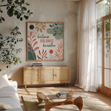 Abstract Blossom VII by Veronique Charron. Shown in a natural wood frame in a cozy modern living room. Available as an archival giclee rolled canvas, fine art paper, or poster print. SKU 70902a.