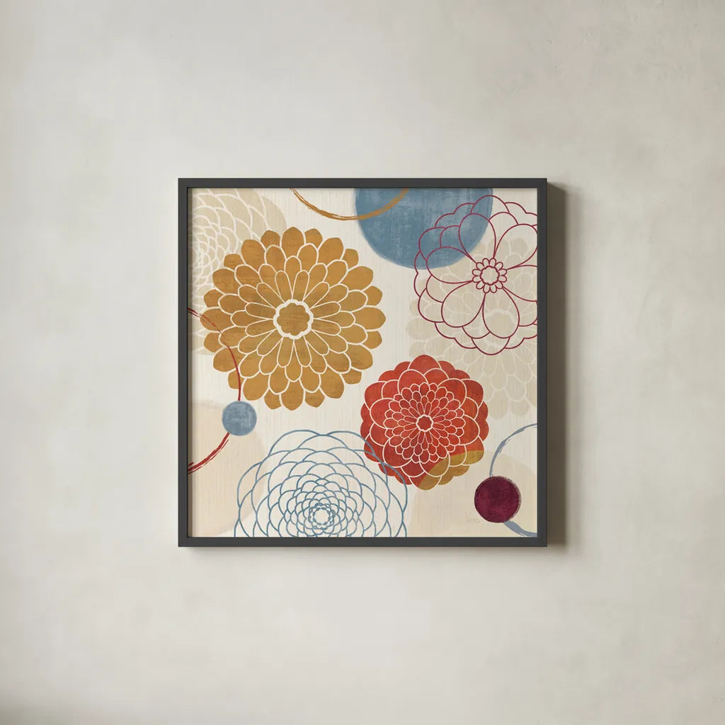 Abstract Bouquet II by Veronique Charron. Shown in a sleek black glass frame for a contemporary gallery look. Available as an archival giclee rolled canvas, fine art paper, or poster print. SKU 6024a.