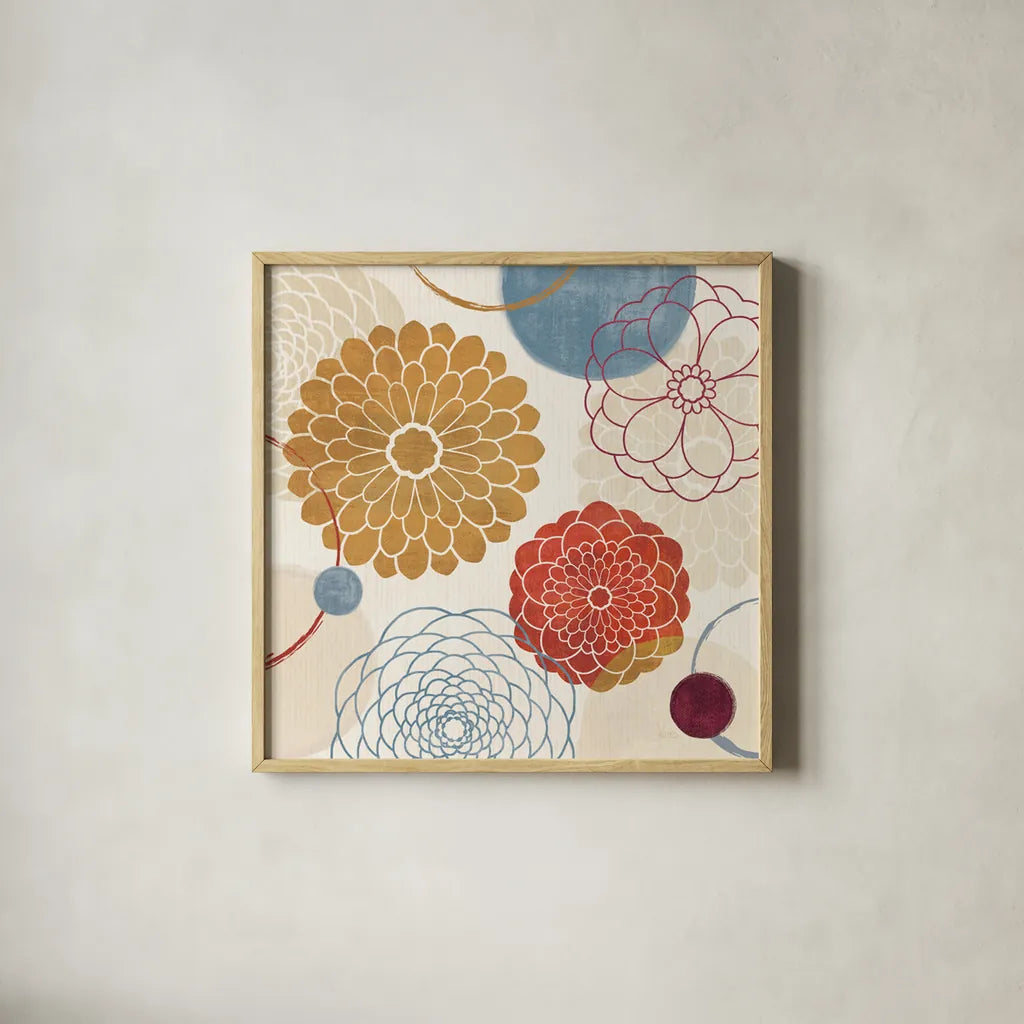 Abstract Bouquet II by Veronique Charron. Shown in a natural wood glass frame for a timeless modern aesthetic. Available as an archival giclee rolled canvas, fine art paper, or poster print. SKU 6024a.