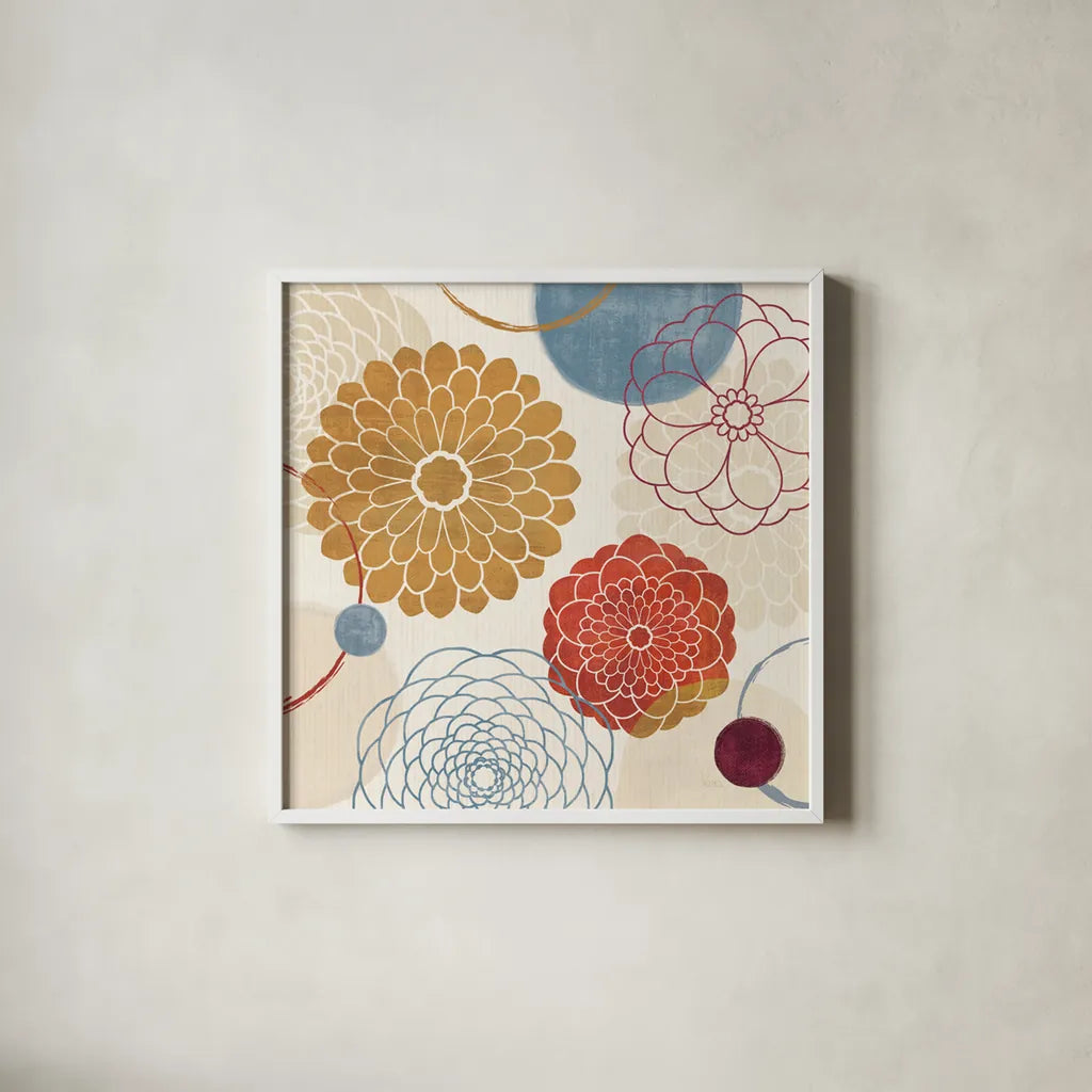 Abstract Bouquet II by Veronique Charron. Shown in a crisp white glass frame for a clean and minimalist style. Available as an archival giclee rolled canvas, fine art paper, or poster print. SKU 6024a.