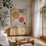 Abstract Bouquet II by Veronique Charron. Shown in a natural wood frame in a cozy modern living room. Available as an archival giclee rolled canvas, fine art paper, or poster print. SKU 6024a.